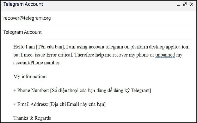 Gửi thông tin cho bộ phận hỗ trợ của telegram